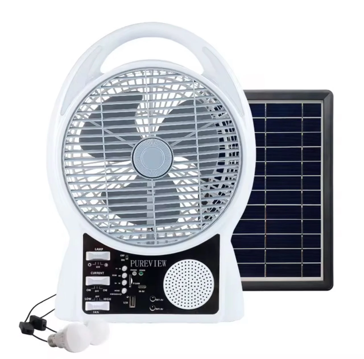 Multimedia Solar Rechargeable Fan with Solar Panel, LED Light & USB Charging – Portable Cooling Fan for Home & Outdoor Use